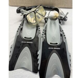 US Divers Snorkel Set Gray Black Adjustable Fins Tempered Mask Dry Snorkel Bag